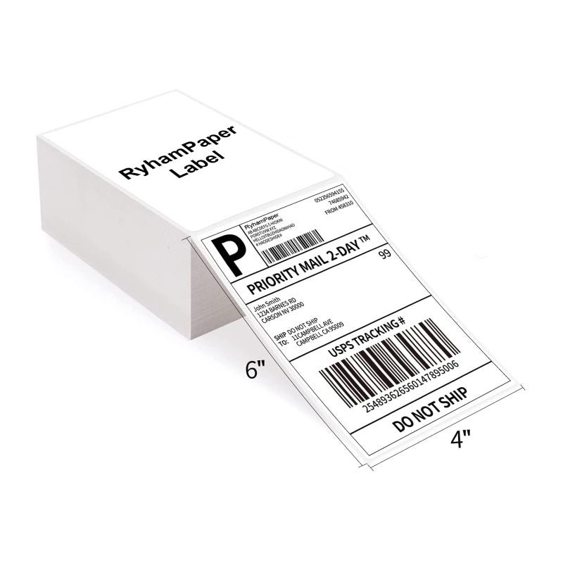 RyhamPaper ملصقات رايهام 4" × 6" حرارية مباشرة مطوية - بيضاء، 1000 ملصق - Image 1